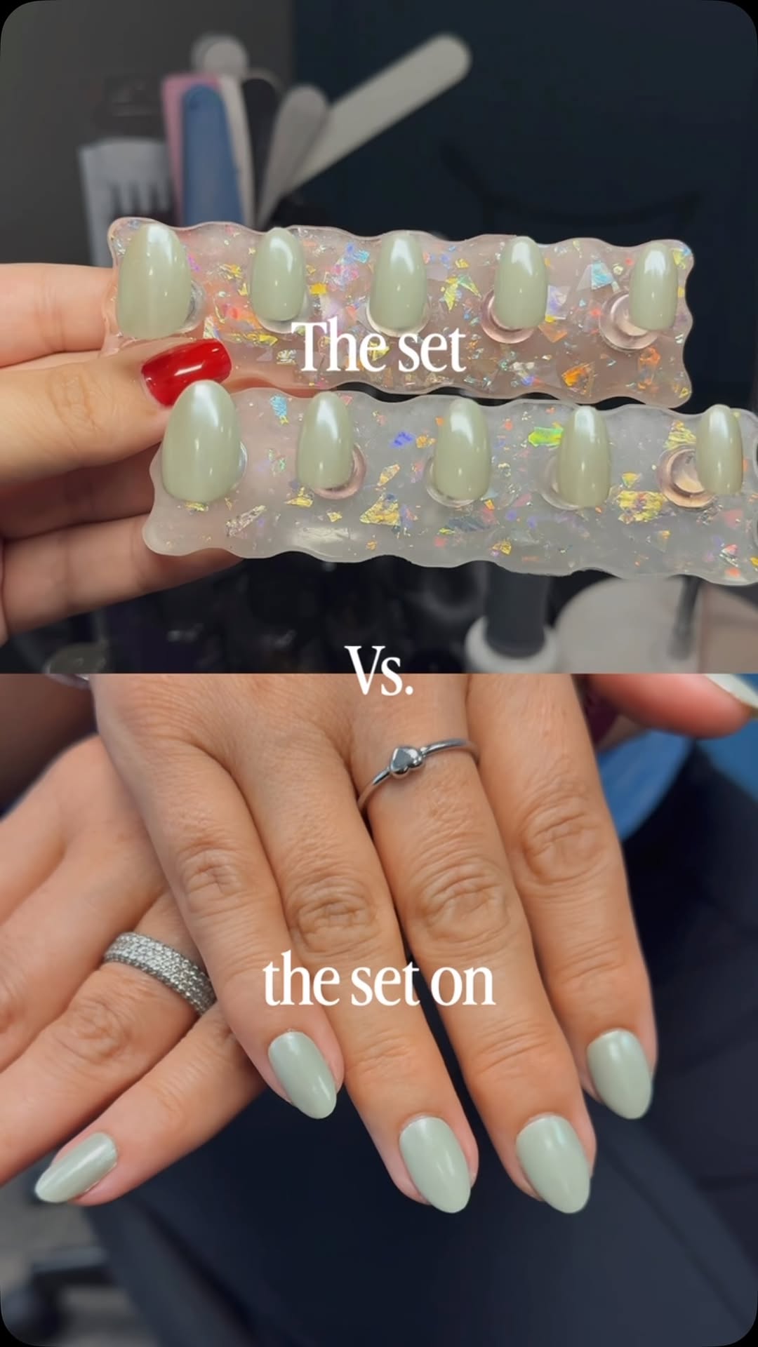 Sage glazed-matcha press-ons on a stand, then the same set worn on both hands.